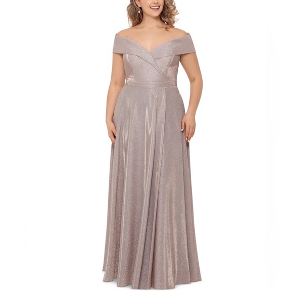 Xscape Plus Off-the-Shoulder Glitter Gown - Picture 1 of 10